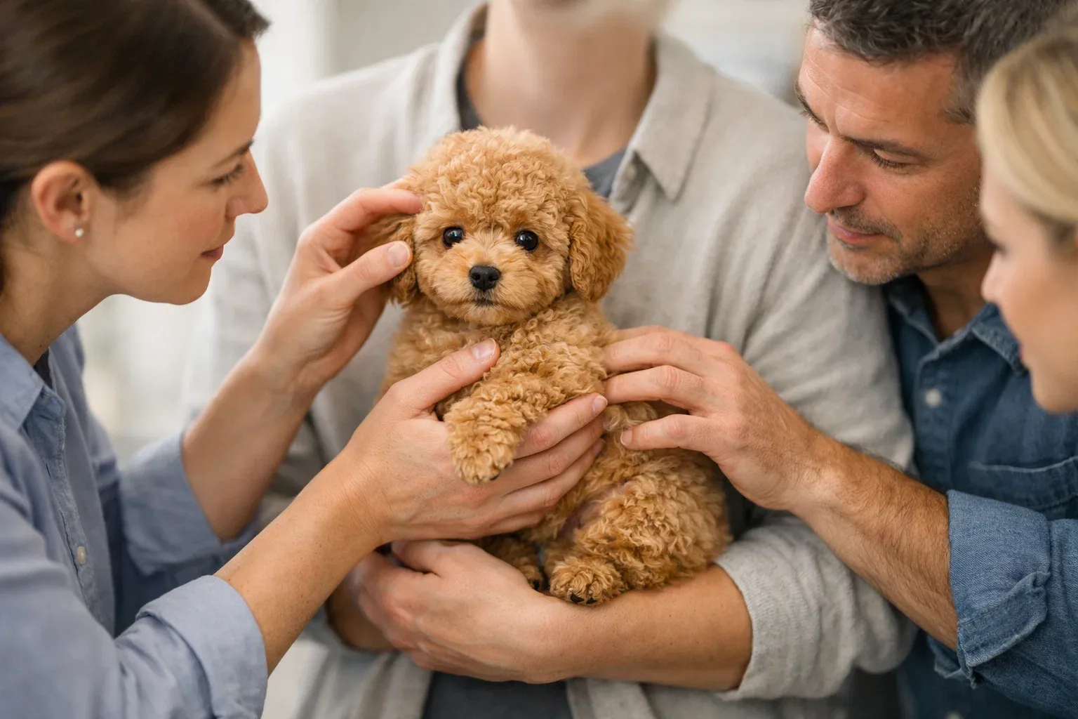 Aile tarafından sevilen ve incelenen apricot renk Toy Poodle yavrusu