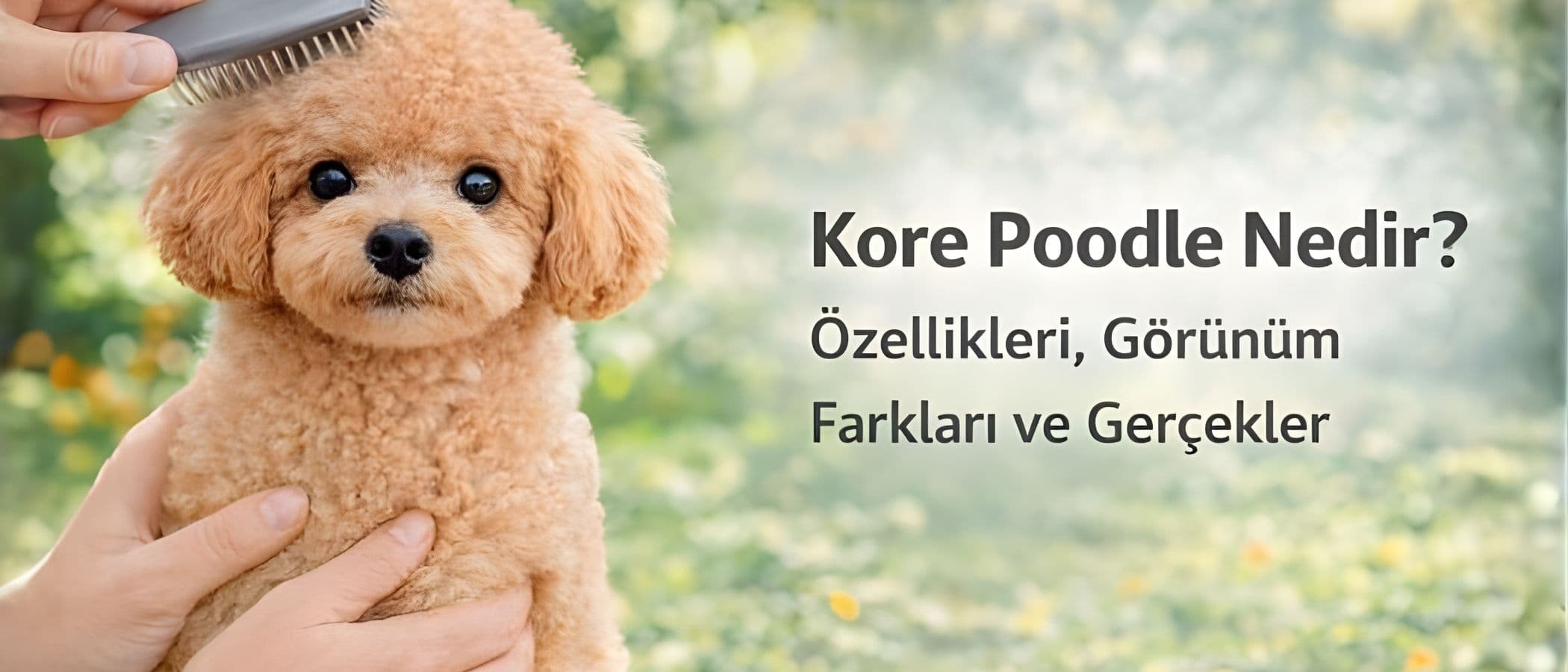 Baby face görünümlü Kore Poodle, apricot renkli kıvırcık tüylü yapısıyla doğal ortamda