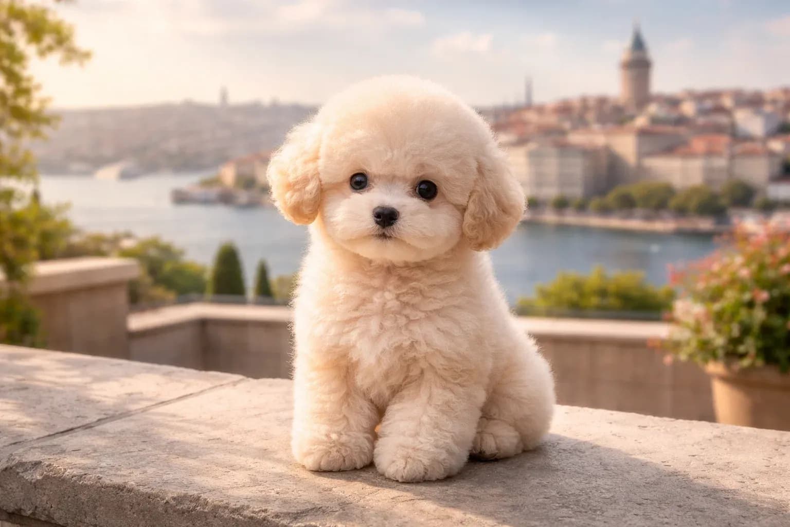 İstanbul manzarası eşliğinde oturan apricot renk Toy Poodle yavrusu